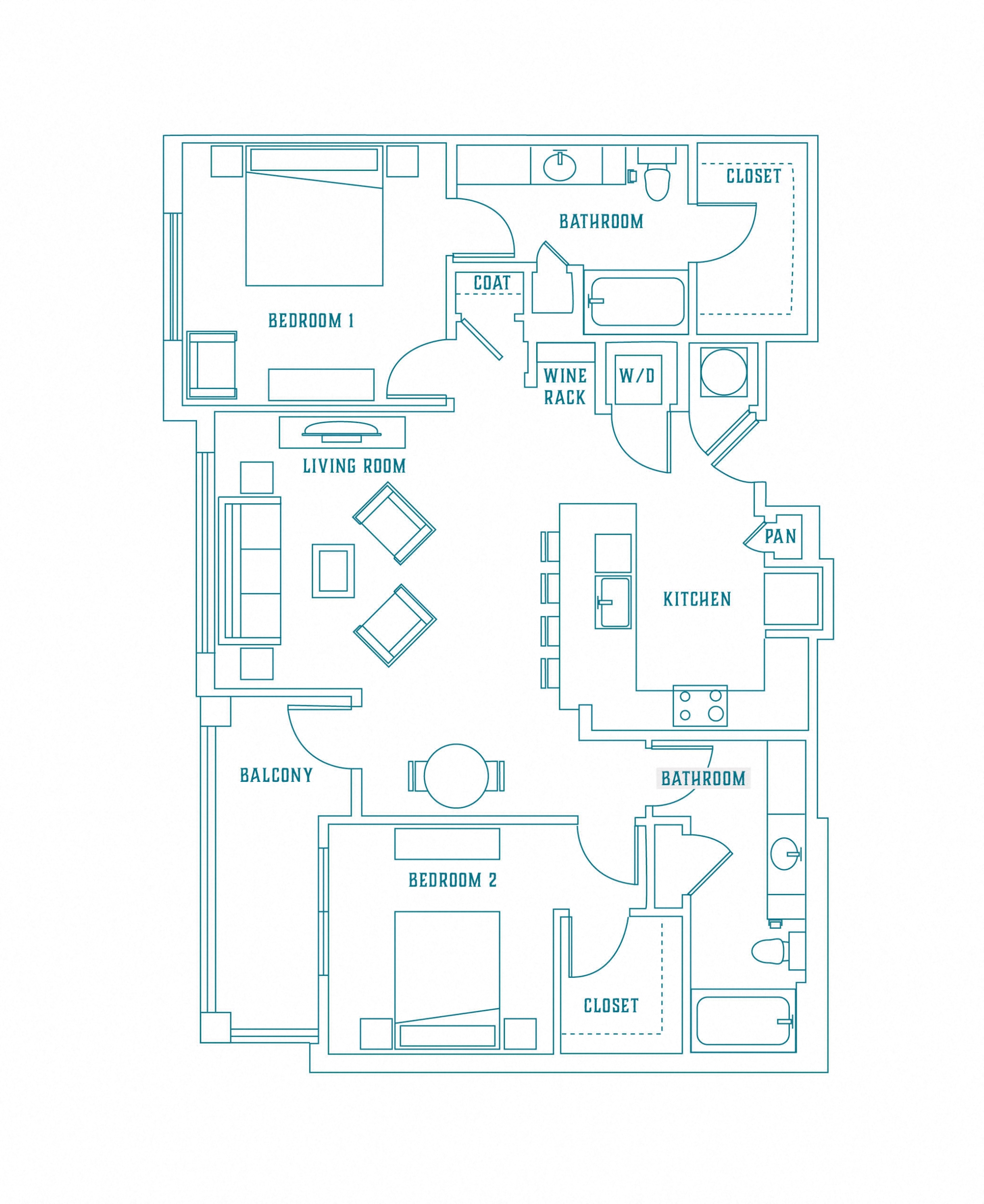 Floor plan for 2 beds, 2 baths, 1278 sqft